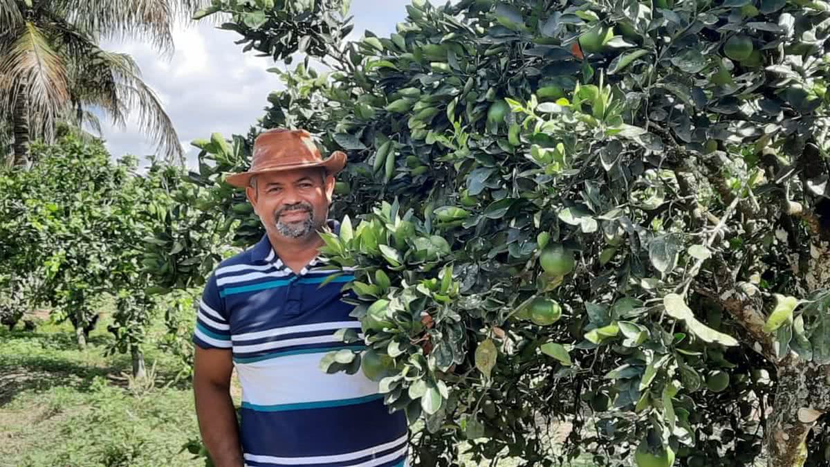 Agricultor familiar ao lado de pé de laranja em pomar de Rio Real (BA)